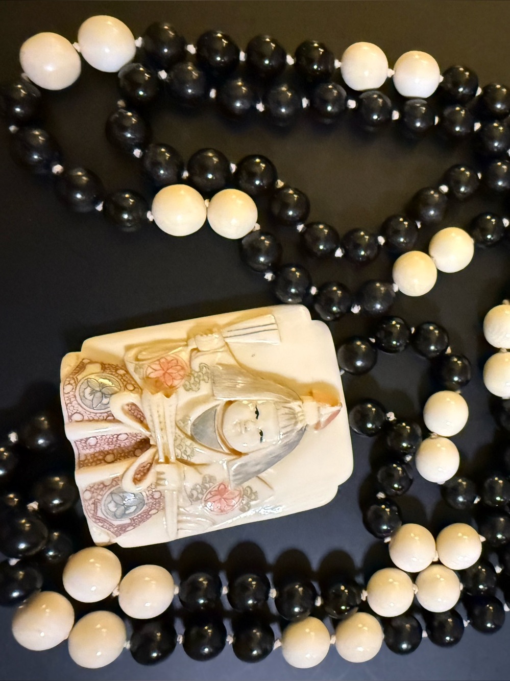 Vintage Japanese Hand Carved Bone Figural Pendant Necklace